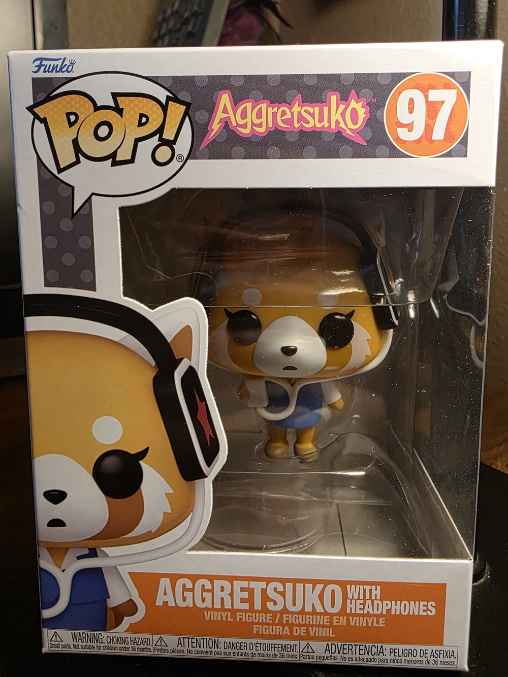 pop Aggretsuko Vinyl Figure in Orange and White with Blue Outfit